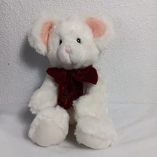 Russ Berrie Tic Toc Mouse Plush Stuffed Animal Toy White Burgundy Bow 15inch