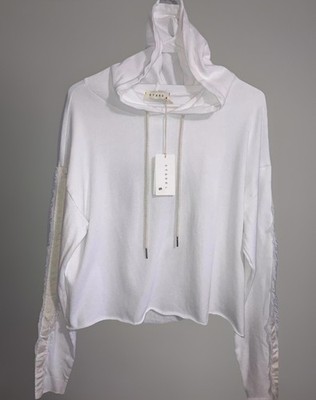 STARK X White Cotton Cropped Hoodie Cut Out Back Fringe Sleeves Boho Chic S NWT