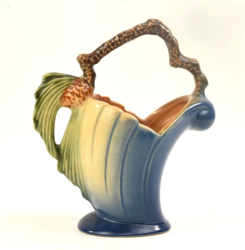 Roseville Pottery Pine Cone Blue Handled Basket, Shape 408-8"