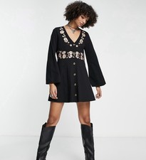NWT ASOS DESIGN Black Floral Embroidered Mini Dress US 14 Long Sleeve Cotton