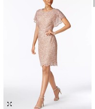 ADRIANNA PAPELL Sequin SHEATH ROSE GOLD FLUTTER SLEEVES COCKTAIL DRESS Size 14