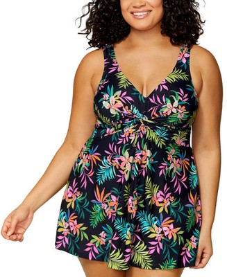 NWT Island Escape Plus Twist Front Underwire Swim Dress Multicolor 16W pap2426