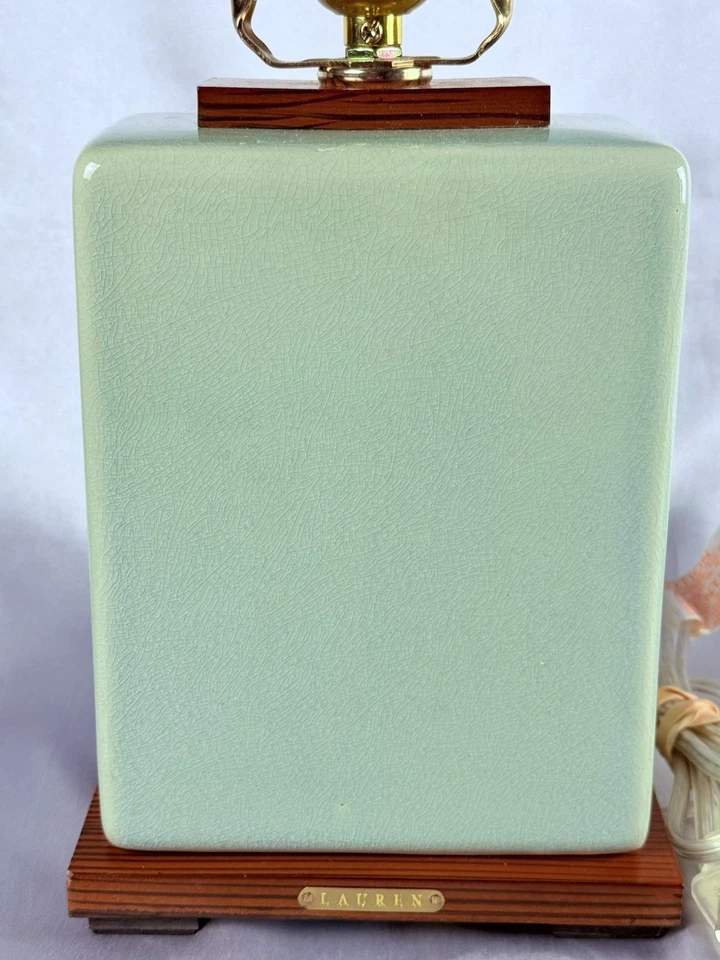 Lauren Celadon Green Ceramic Table Lamp Wood Base Crackle Glaze MCM style 17” - Image 3 of 4