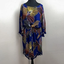 Trina Turk Dress Women's 6 Blue Floral Tie Waist Tassel Detail Beach Vacation