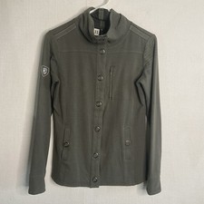 KUHL Krush Women's Size S Snap Button Jacket Khaki Green Thumbholes Hiking Logo