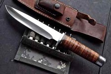 CUSTOM HANDMADE D2 STEEL HUNTING BOWIE KNIFE W/STACKED LEATHER HANDLE SHEATH