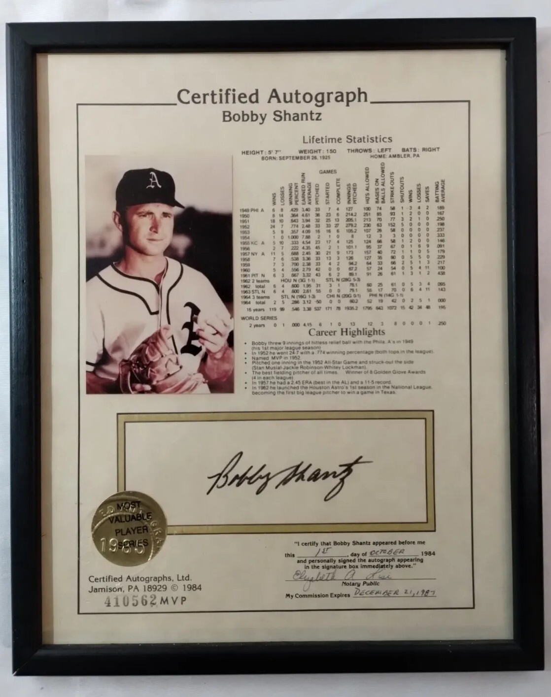 RARE Bobby Shantz KC Athletics Authentic Signed Autographed Framed 410562MVP