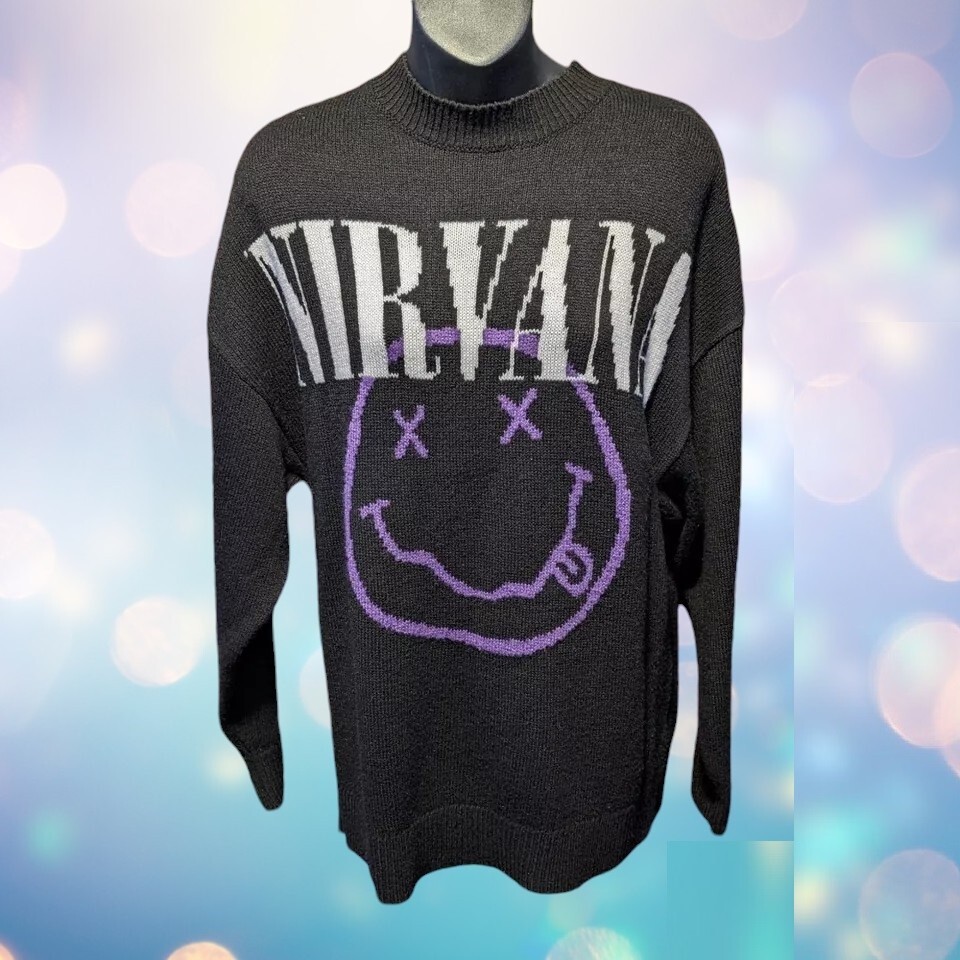 ❤️H&M Jacquard Knit Black Smile Loose Fit Nirvana Sweater Rock