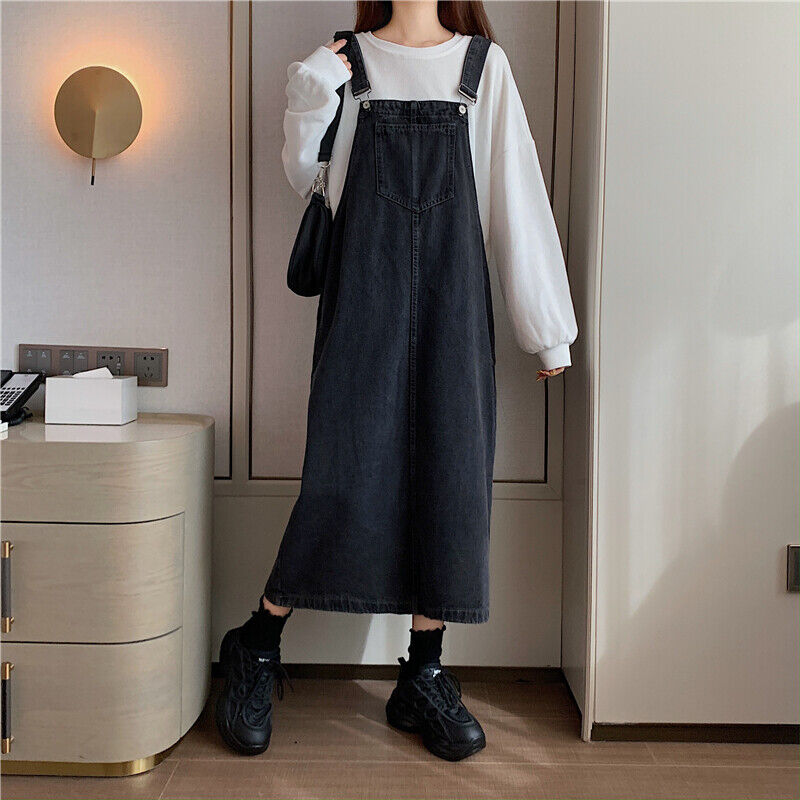 Fashion Women Denim Jumpsuit Loose Overalls Dress Long Suspender Skirts  Casual