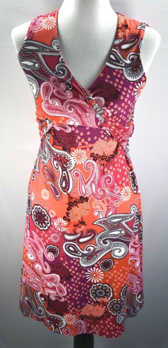 Prana Women's Twist Faux Wrap Dress Paisley Berry Garden Print Belted Sz S  | eBay