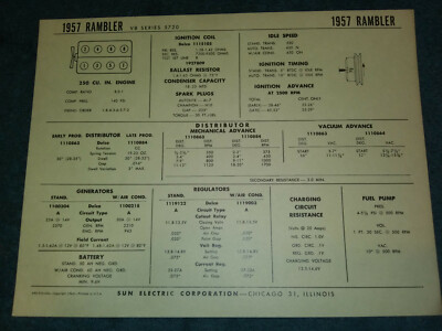 1957 RAMBLER 250 V-8 ENGINE SUN TUNE-UP CHART / 5720 MODELS / VINTAGE ...