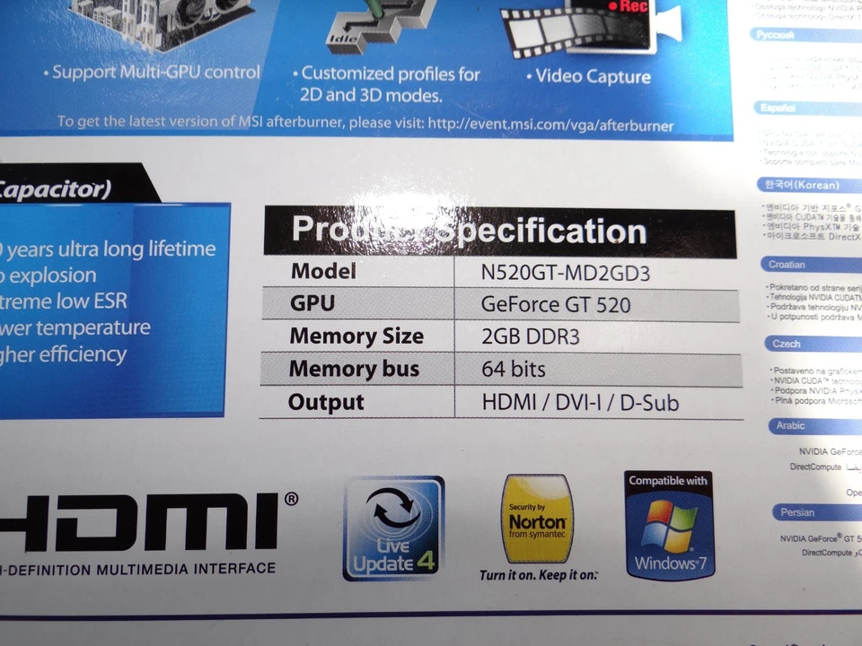 MSI Nvidia GeForce 520 GT 2GB PCI-E Video Card DVI/HDMI - NEW - Image 3 of 3