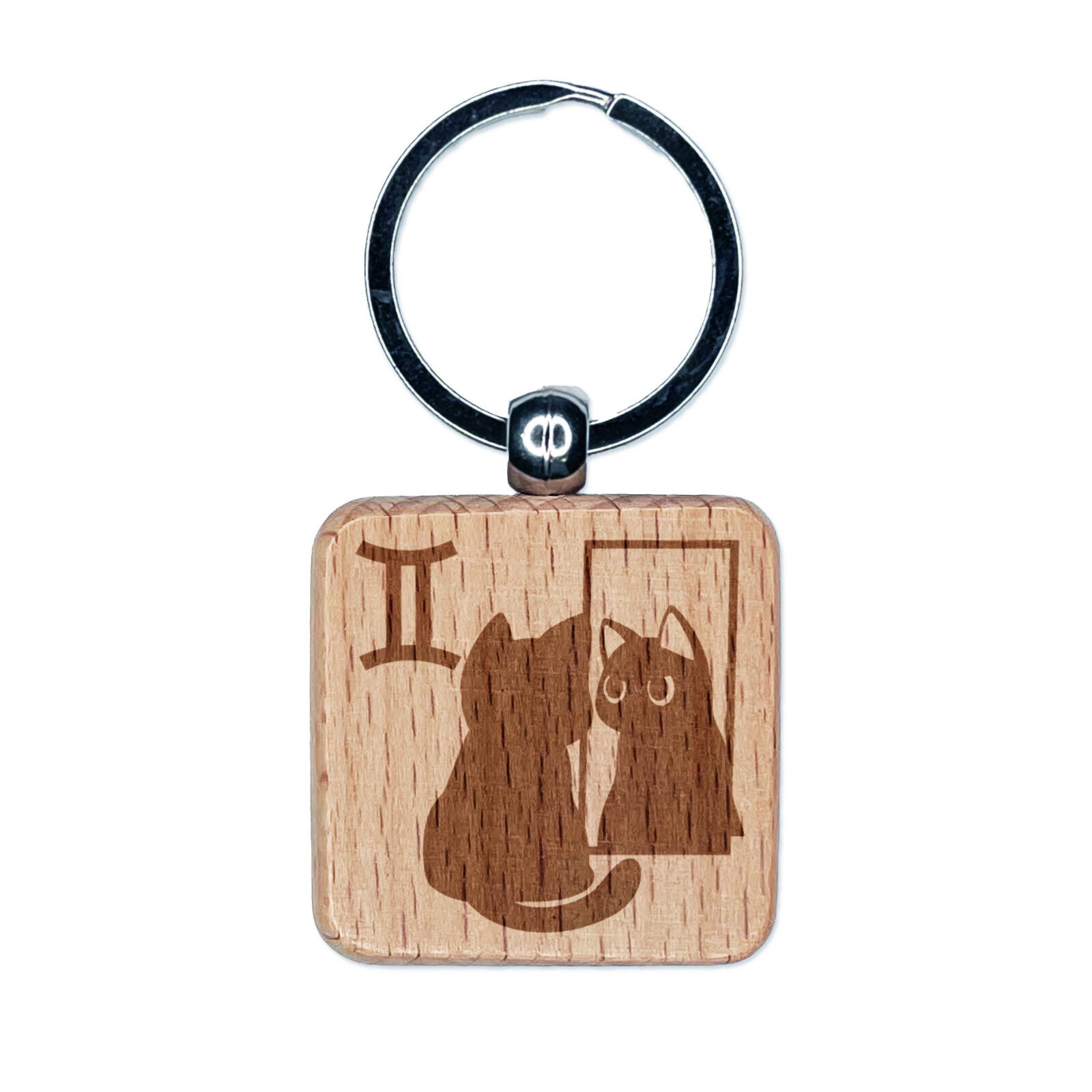 Gemini Zodiac Cat Astrology Engraved Wooden Keychain