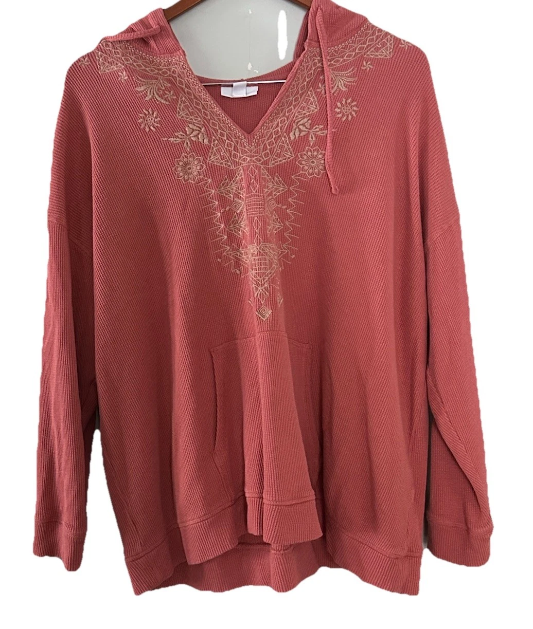 J. Jill Waffle Knit Hoodie Thermal 3/4 Sleeve Top Salmon Pink Embroidered Sz XL