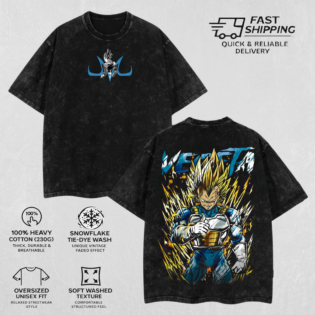 Retro Vintage Vegeta Acid Washed T-shirt Graphic Tee Anime Dragon Ball Z Top Men