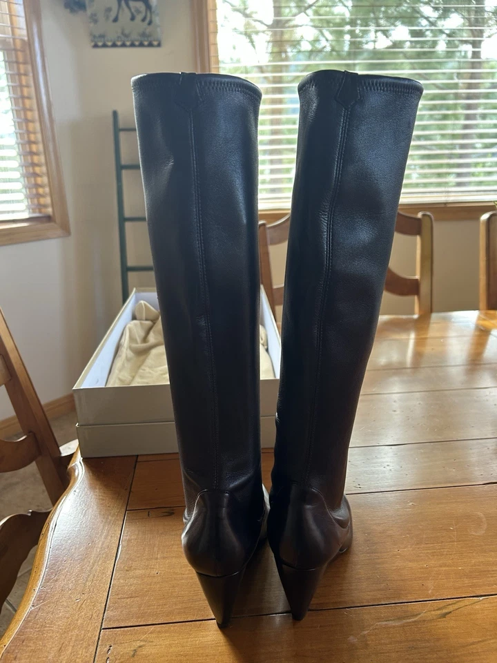 Sergio Rossi Knee-high Pull On Brown Leather Stretch Boots - Image 3 of 4