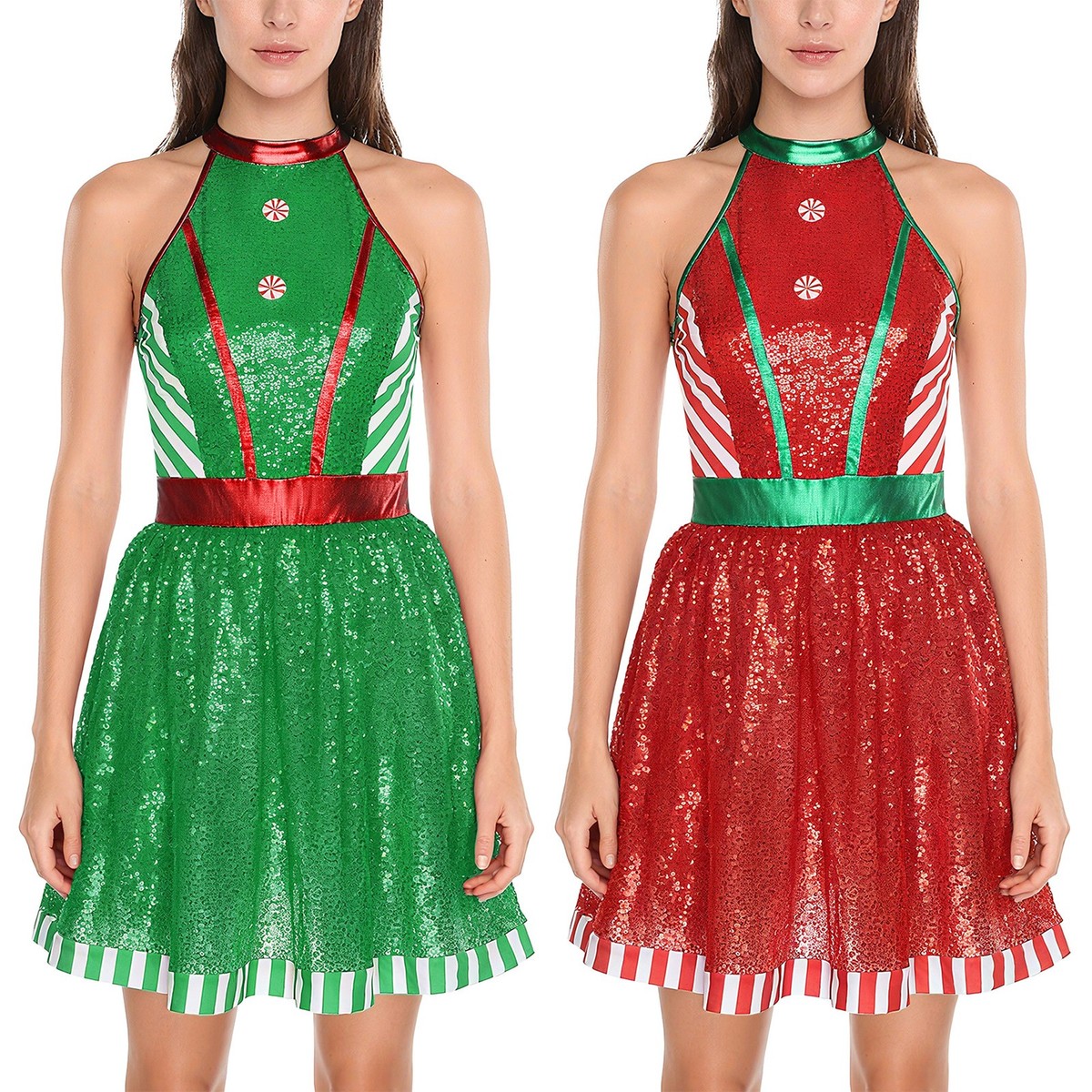 Womens Christmas Candy Cane Costume Shiny Sequin A-line Dress