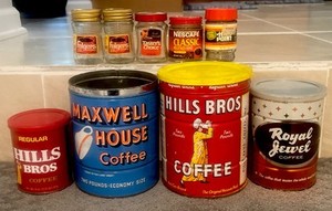 Kewl Old LOT of 9 Vintage Coffee Tins/Glass Sample Jars- FOLGERS,HILLS Bros,etc.