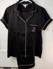 Juicy Couture Women s Satin Pajama Set S Black/Pink Button-Up Rhinestone