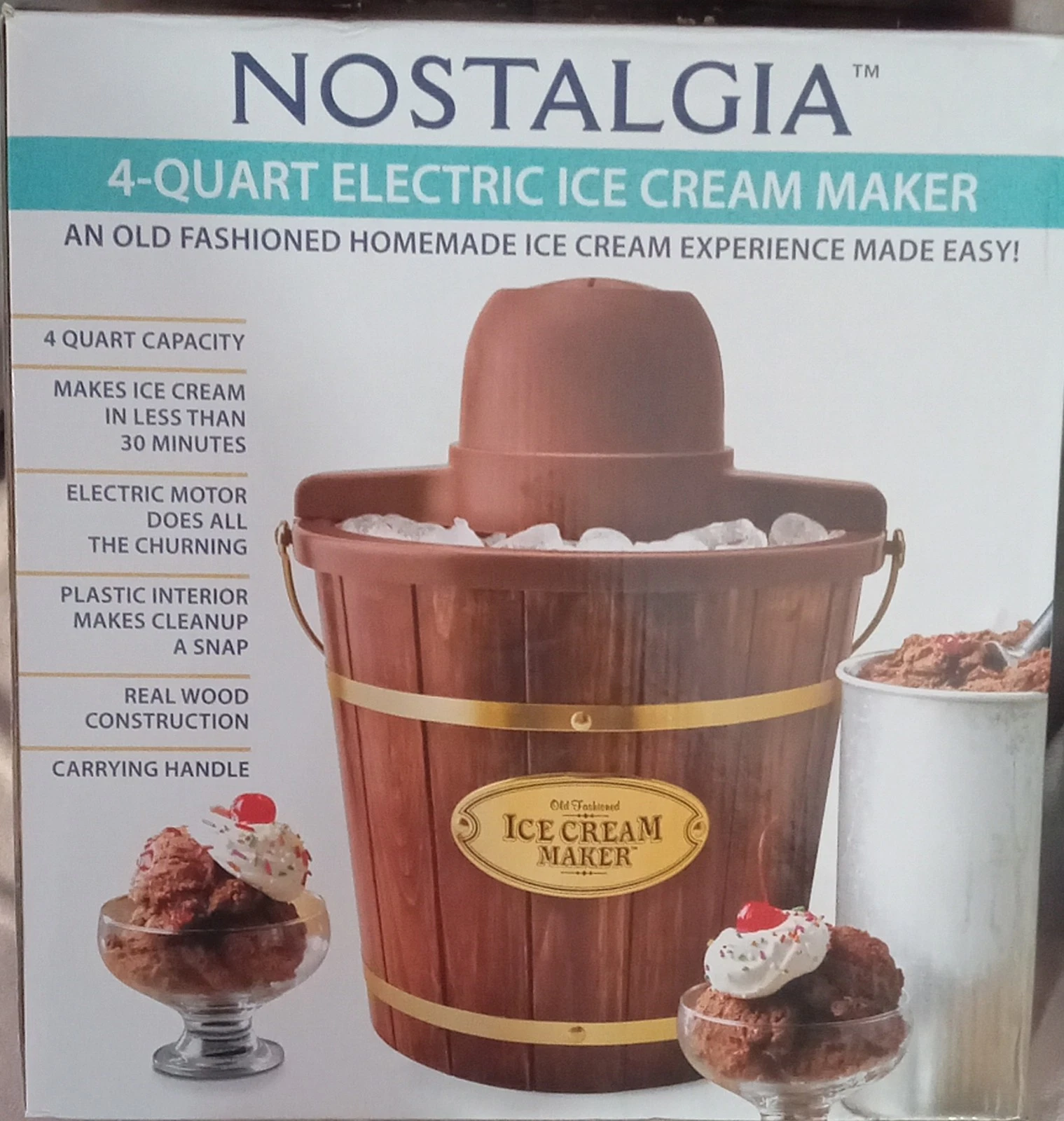 Nostalgia Ice Cream Maker 4 QT. Capacity Vintage Wooden Bucket Style SEE VIDEO