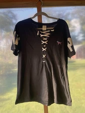 Victoria's Secret PINK Black Lace Up Campus Tee, American Flag Pup, RARE, M NWT