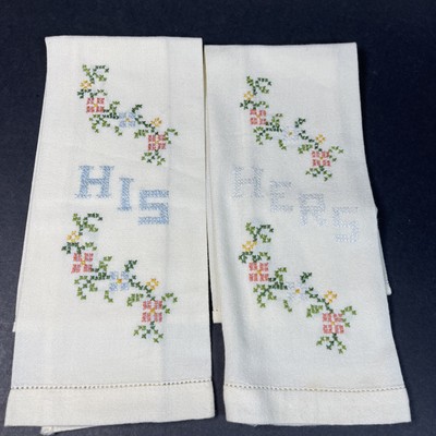 VTG His & Hers White Embroidered Finger / Tea Towels 12''x19'' Bridal Décor