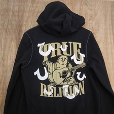 True Religion Hoodie Mens Small Black Buddha White Contrast Stitch Full Zip NWOT