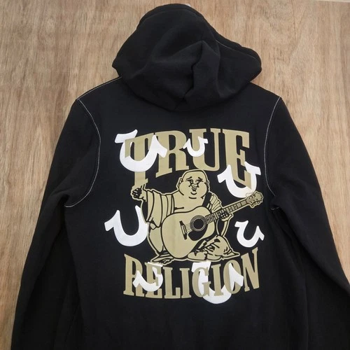 True Religion Hoodie Mens Small Black Buddha White Contrast Stitch Full Zip NWOT - product listing photo