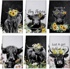 Boyiee Set of 6 Highland Cow Kitchen Towels 24 x 16 Inches, 