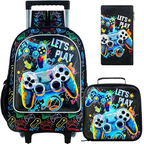 3PCS Rolling Backpack for Girls and New UV Printing Boys Game Rolling Backpack
