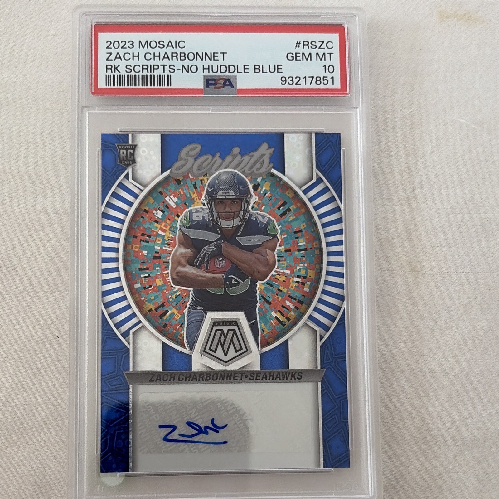 Panini 2023 Mosaic Zach Charbonnet Rookie Scripts No Huddle Blue RC Auto PSA 10