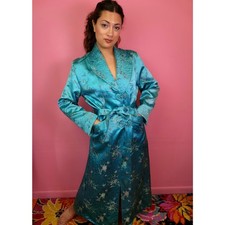 Vintage 1940's Turquoise Satin Brocade Robe Asian Novelty Print Pink Floral