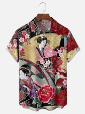 Vintage Japanese Geisha Ukiyo-e Art Casual Shirt
