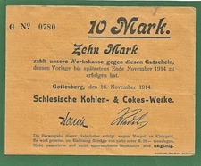 03 417 emergency money Gottesberg (Walbrzych) Silesian coal & coke works 10 Mark
