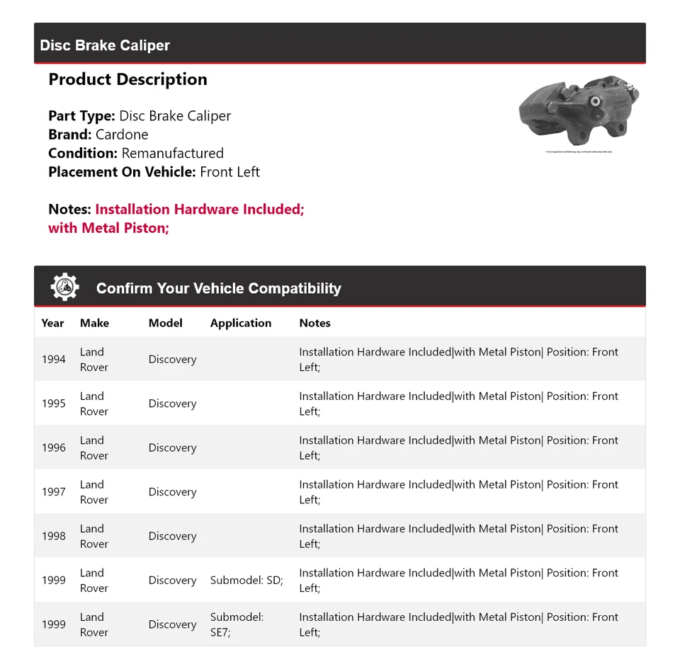 For 1994-1999 Land Rover Discovery Disc Brake Caliper Front Left Cardone 1995 - Image 2 of 4