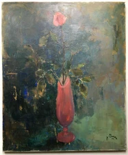 French Postimpressionism Bouquet of Rose vase opaline Oil Canvas Painting