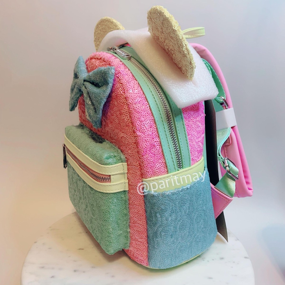 NWT Limited Edition Loungefly Minnie Mouse Pastel Sequin mini Backpack & Wallet RARE Loungefly Disney Planet Minnie UV Reactive Pink  main image 3
