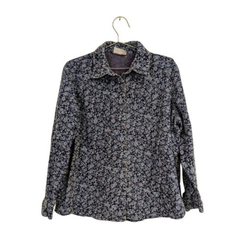 Vintage Blair Corduroy Button Front Shirt Classic Ditzy Floral Blue Large