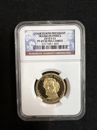 NGC PF 69 ULTRA CAMEO 2010 S 14TH PRESIDENT FRANKLIN PIERCE 1$ PROOF OLD LABEL!