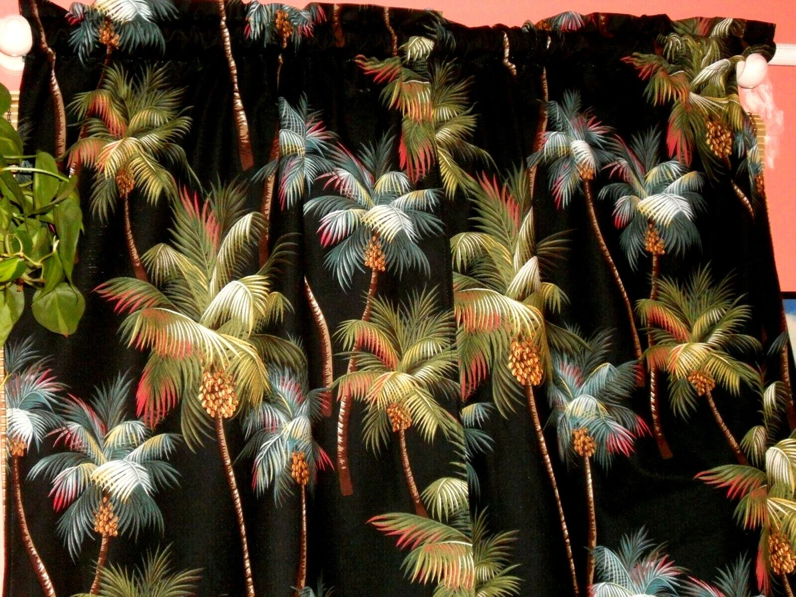 PAIR 70"x 26" Hawaiian Tropical Cotton Barkcloth Fabric Drapes ~Palm Trees -Blk~