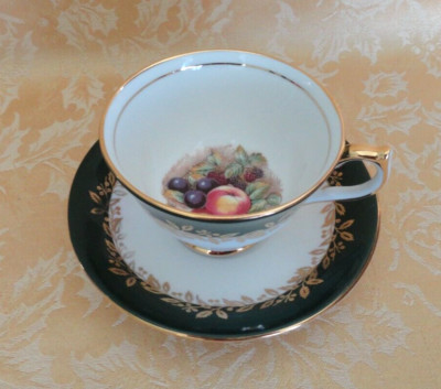 Vintage Aynsley Orchard Fruit Blackish Green Gold Gilt Bone China Cup & Saucer