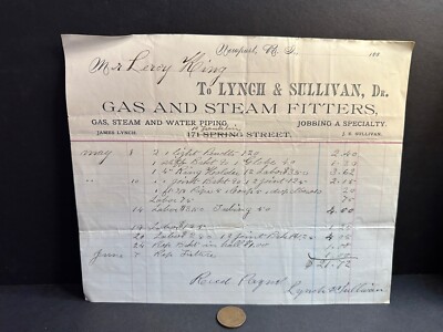 1886 Receipt, Lynch & Sullivan Gas Fitters, Leroy King, Newport RI, L26