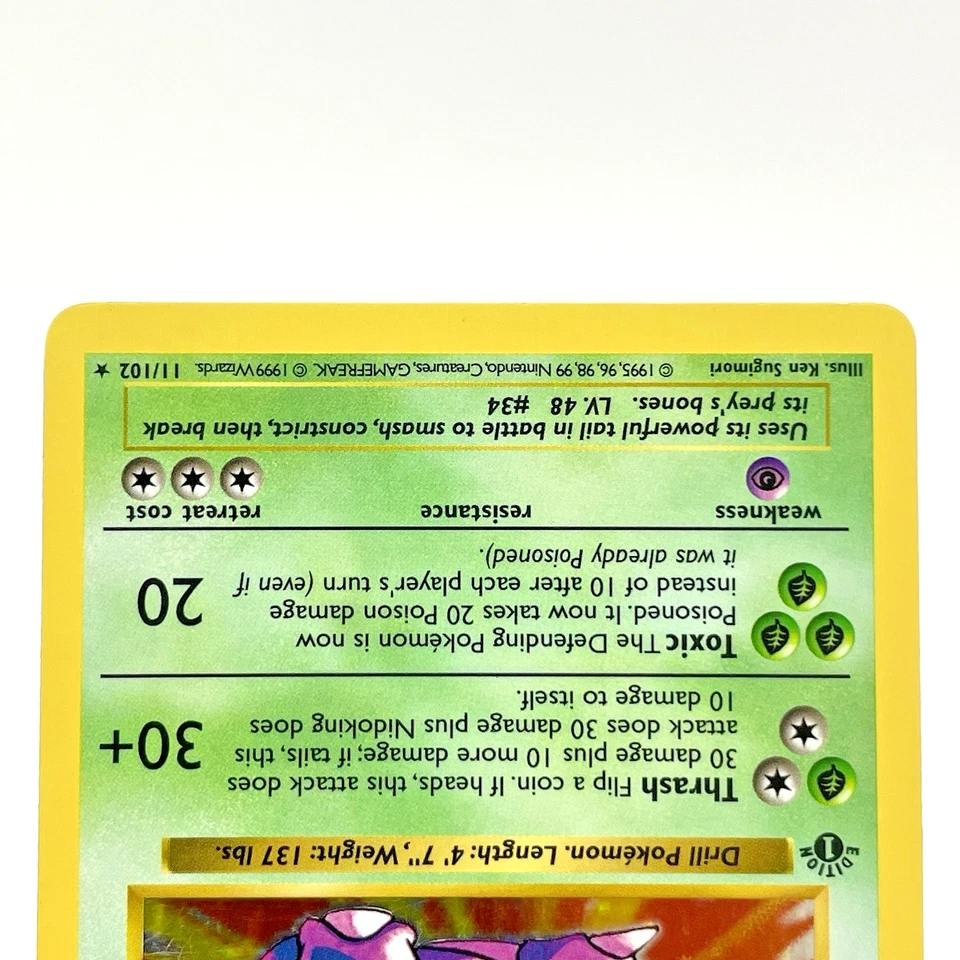 Nidoking 11/102 Shadowless Holo 1st Edition Base Set Pokemon Card 1999 MP - Image 3 of 4