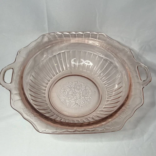 Anchor Hocking Depression Glass Pink Mayfair Open Rose Handled Serving Bowl