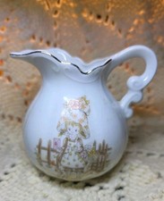 Vintage 70s Porcelain Pitcher Holly Hobbie Gold Trim Japan 3.5"