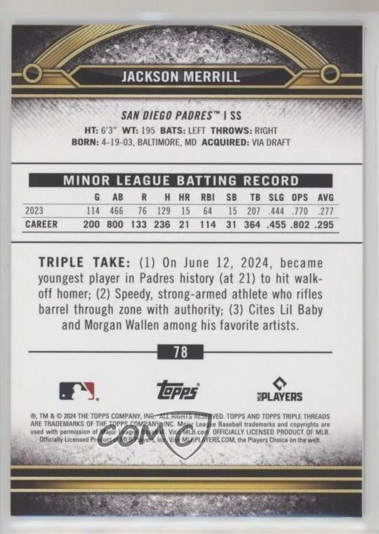 2024 Topps Triple Threads Jackson Merrill #78 Rookie RC - Image 2 of 2