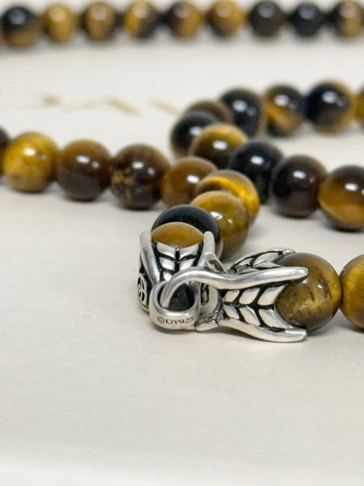 Collar David Yurman de plata esterlina .925 con cuentas ojo de tigre 8 mm 22" Foto 2 de 4