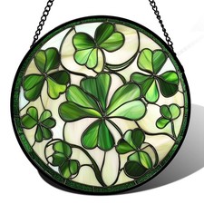 CRISGIF Stained Glass Window Hanging - Ireland Green Lucky Clover Suncatcher for