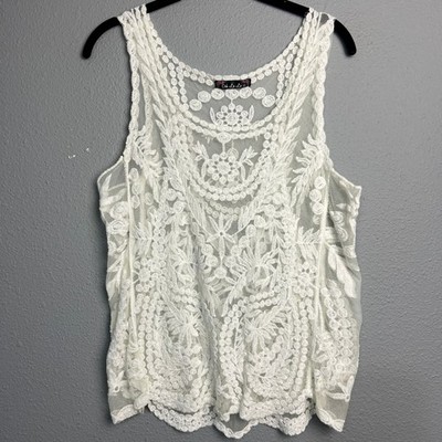 Ooh La La White Coquette Boho Lace Y2K Tank Top Floral Sleeveless XL Festival