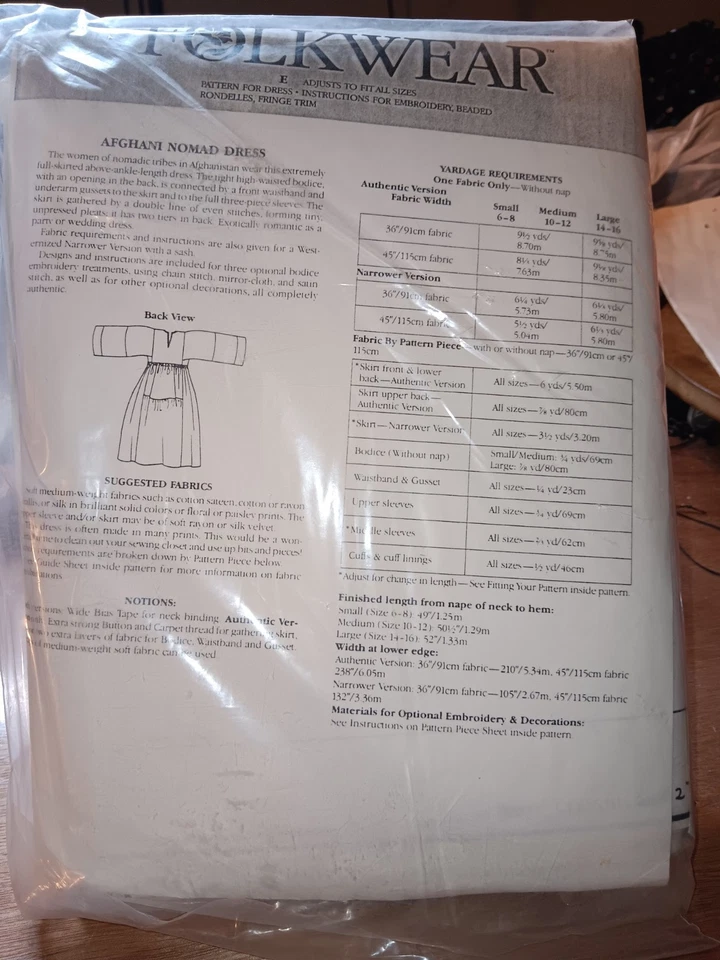 Folkwear 107 Afghani Nomad Dress with Embroidery Designs Uncut Pattern Size 6-16 - Image 2 of 2
